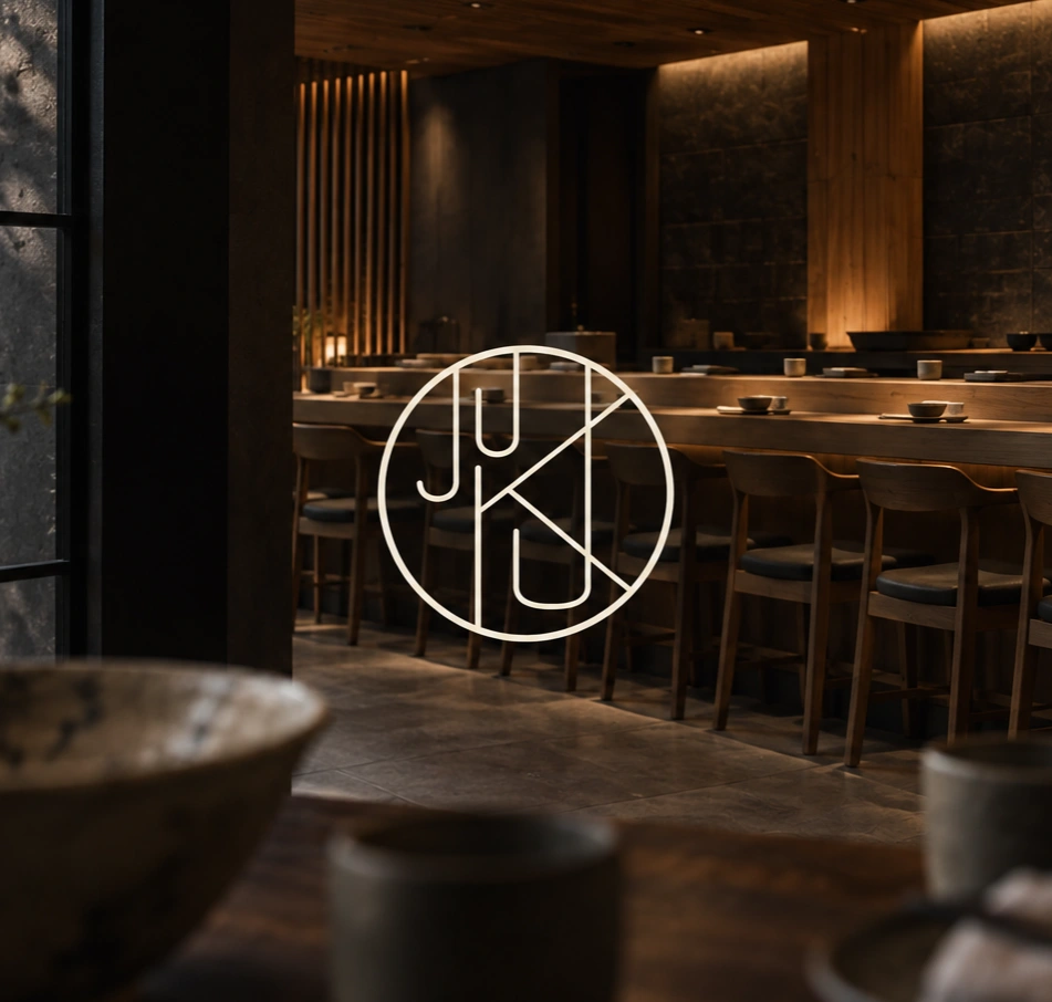 Circular Juku wordmark over a warmly lit sushi restaurant interior